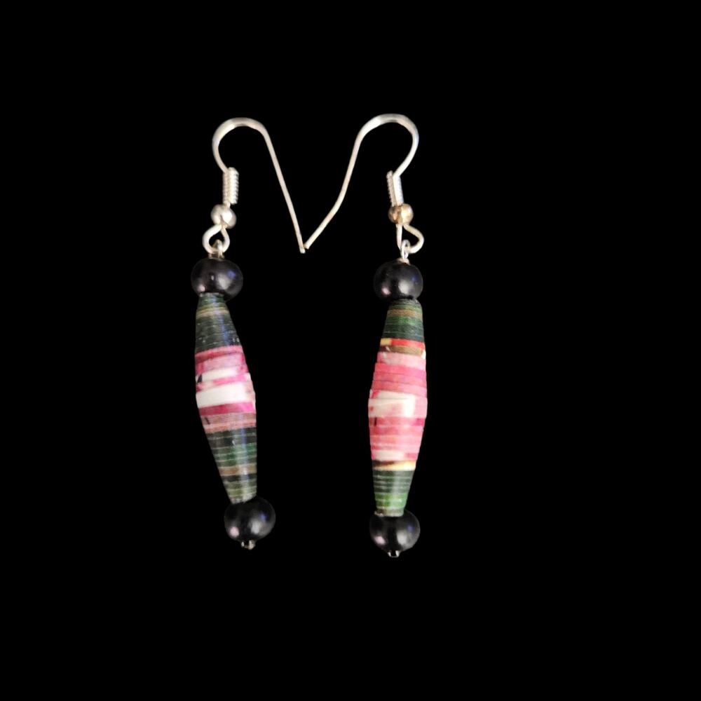 Vintage Multicolor Paper Bead Dangle Earrings Black Beads